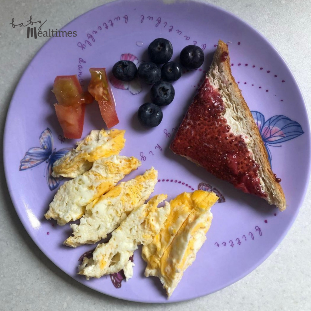 50. Chia Jam on Toast, Blueberries, Scrambled Egg Fritters and Tomato